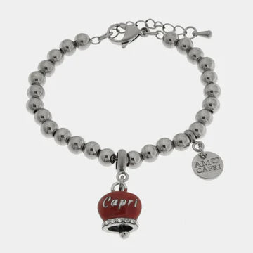 Bracciale in Acciaio campanella rossa con scritta Capri e zirconi