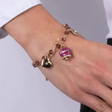 Bracciale in Metallo multifilo con campanella viola e pietre