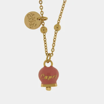 Collana in Acciaio con campanella pendente rosa con scritta Capri