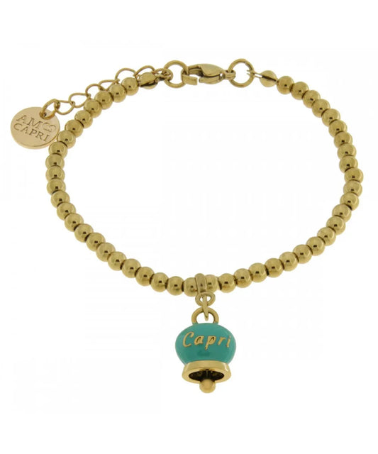 Bracciale in Metallo maglia a sfere con campanella portafortuna pendente verde acqua