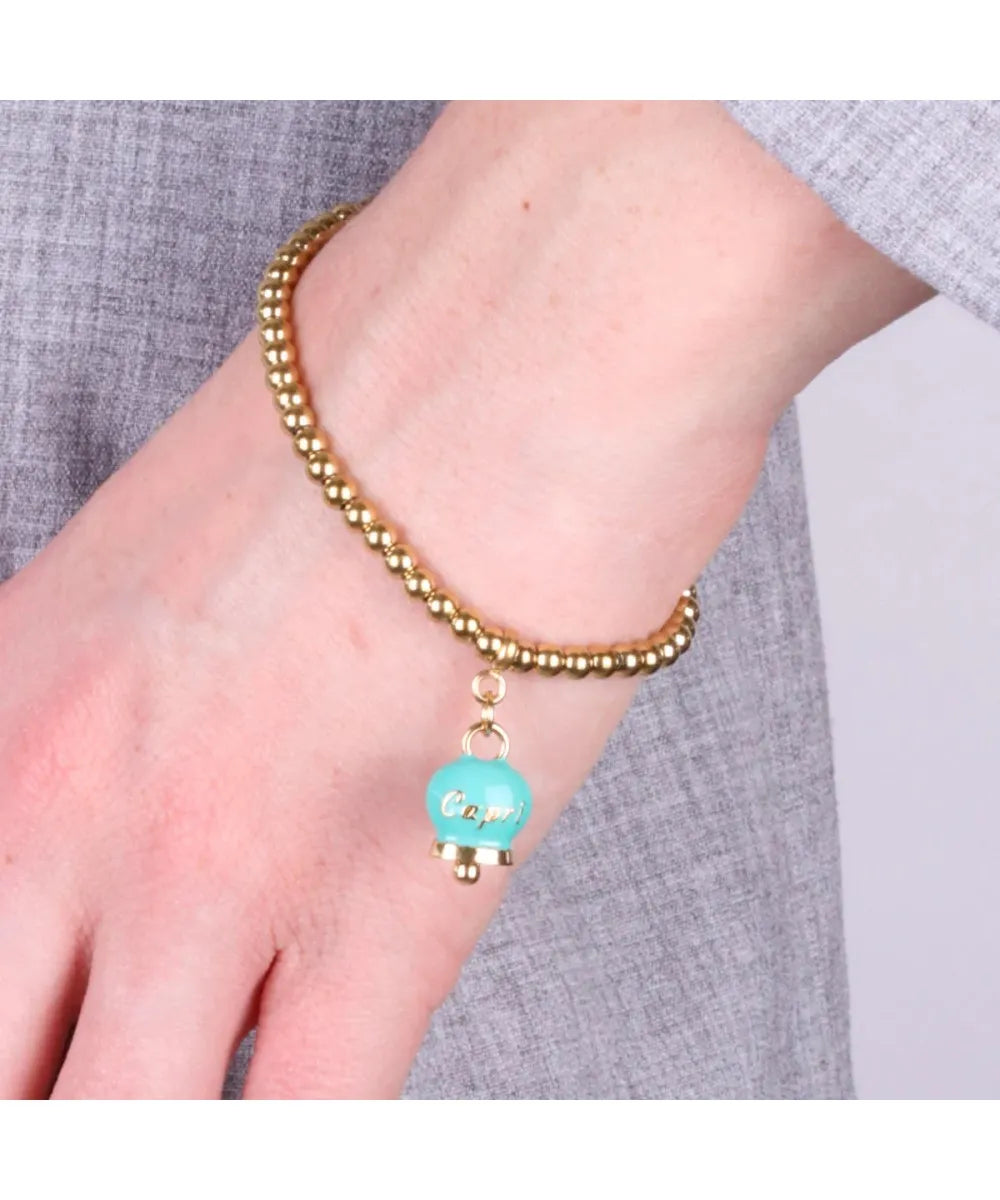 Bracciale in Metallo maglia a sfere con campanella portafortuna pendente verde acqua